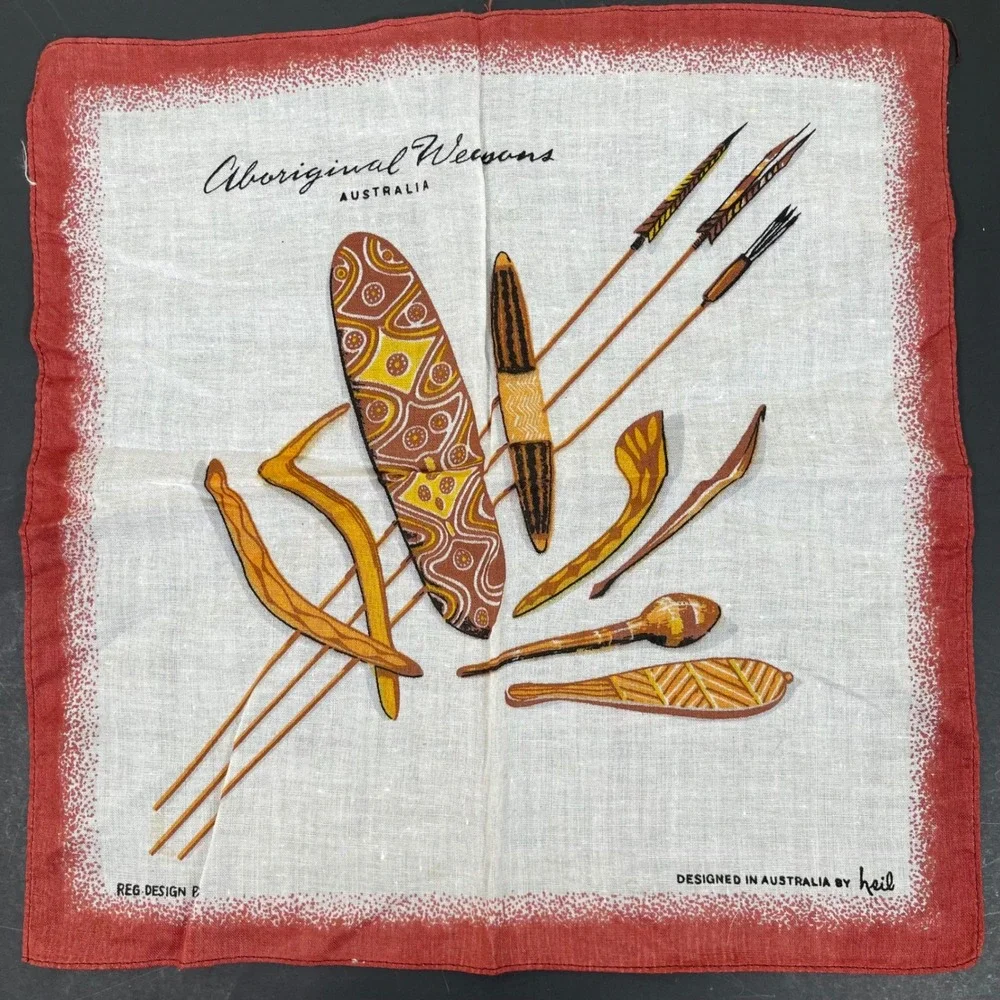 Vintage Aboriginal Weapons Linen Handkerchief Australia By Heil Souvenir 60s 70s